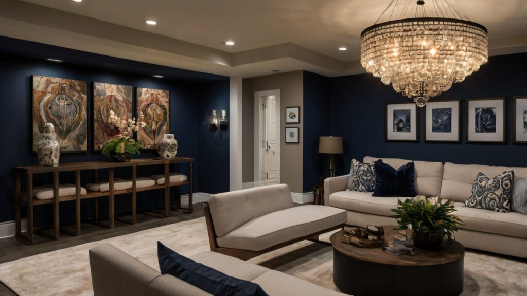 basement entertainment room featuring a statement chandelier and pendant lights