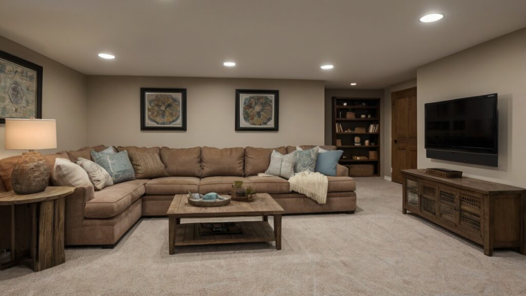 basement family room featuring Carpet Tiles 