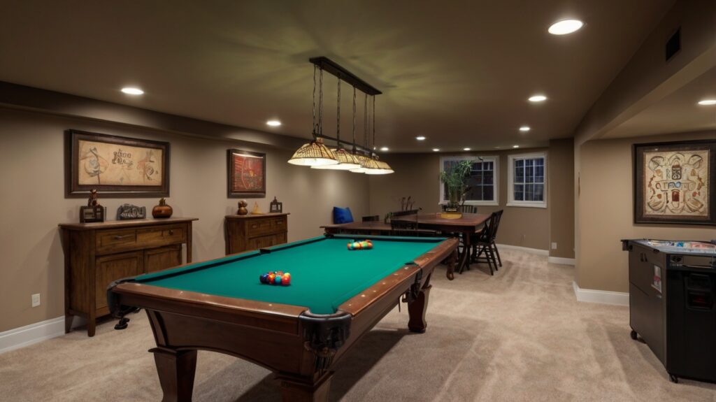 basement game room with energy-efficient light bulbs