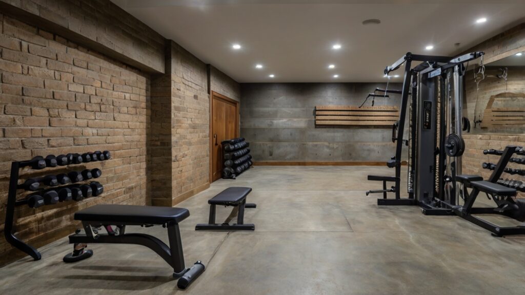 basement gym room featuring Concrete Flooring