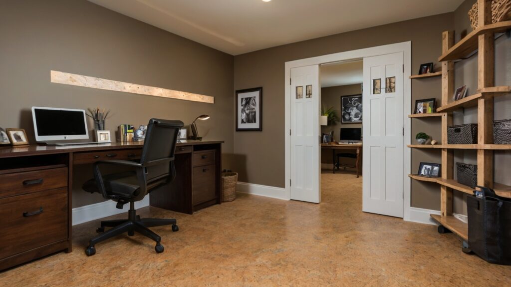basement home office featuring Cork Flooring