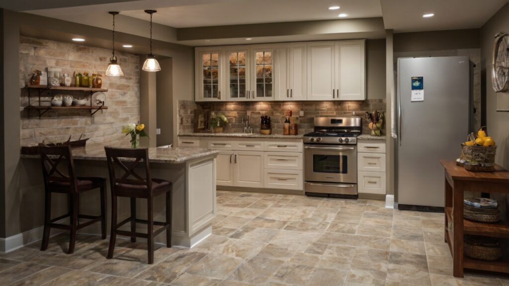 basement kitchen featuring Porcelain Tile Flooring 