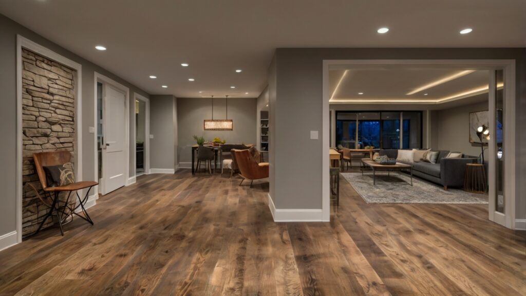 basement living area featuring Engineered Hardwood flooring