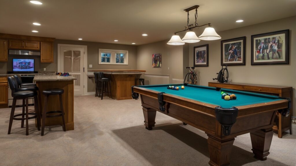 basement recreation room featuring Rubber Flooring