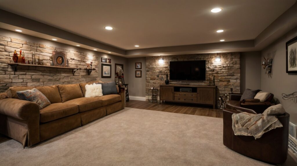 basement with layered lighting