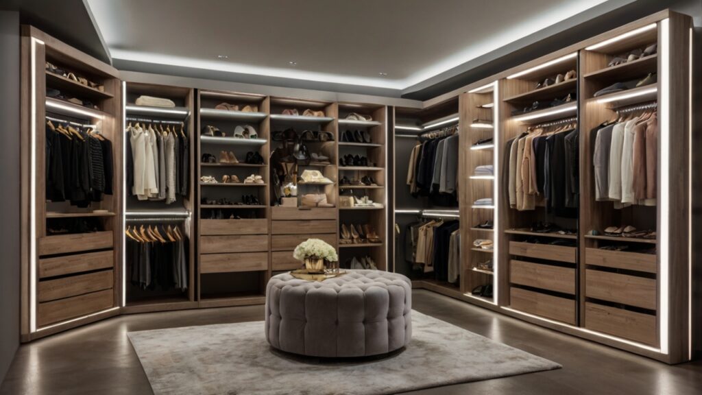 chic walk-in closet with LED-strip lighting