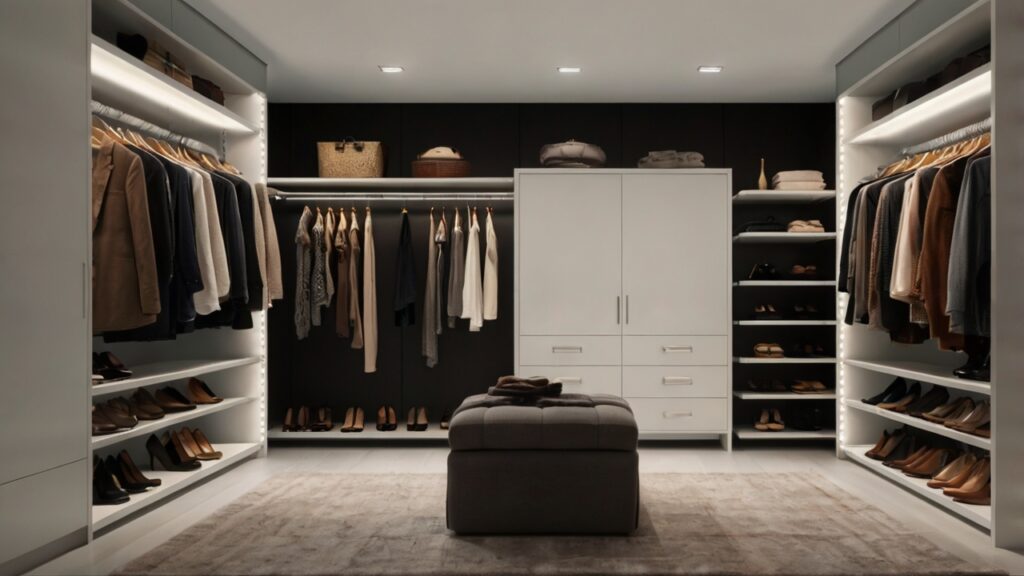chic walk-in closet with motion sensor lights