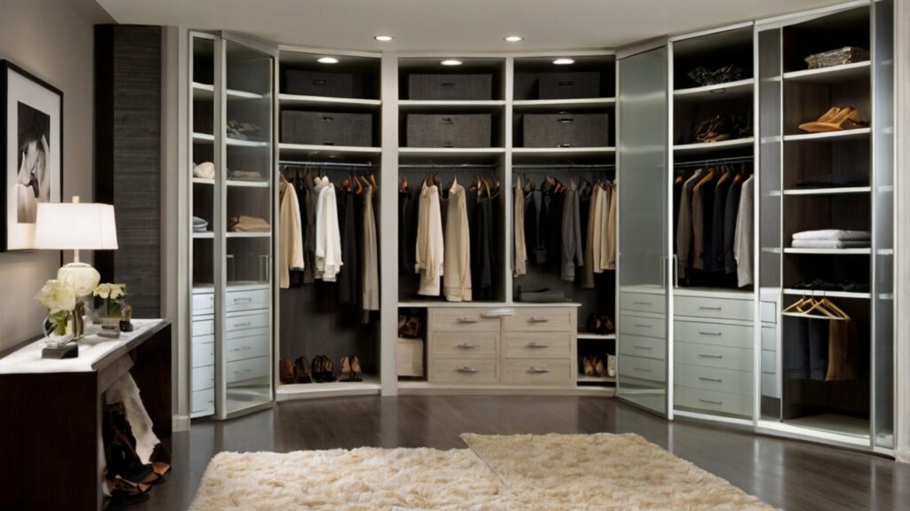 contemporary sophistication walk-in closet design with frosted glass doors