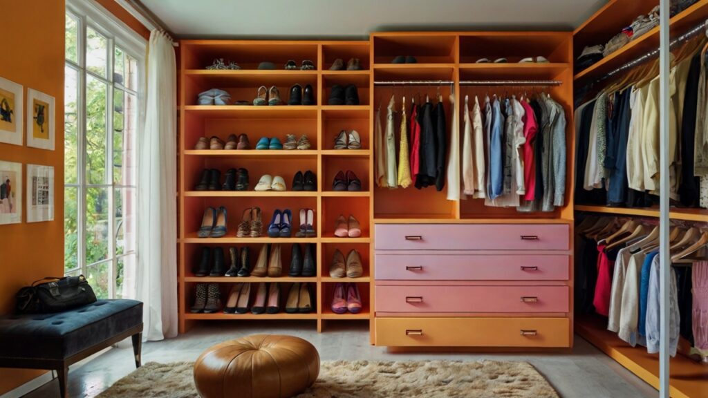 eclectic and colorful walk-in closet design featuring colorful cabinets