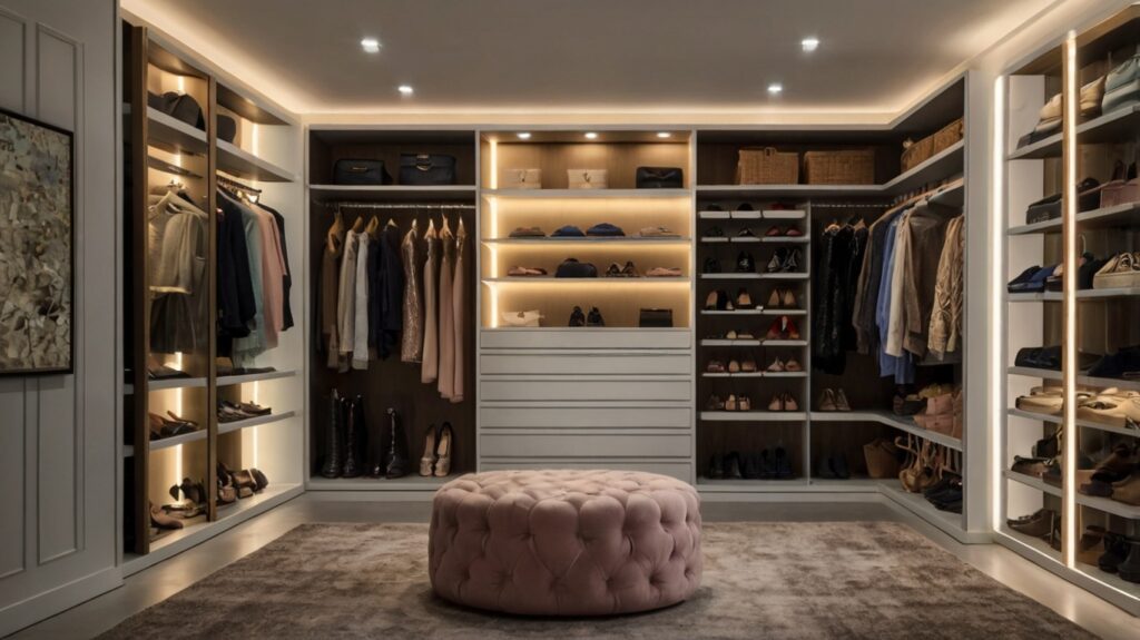 feminine walk-in closet with puck lights and task lighting