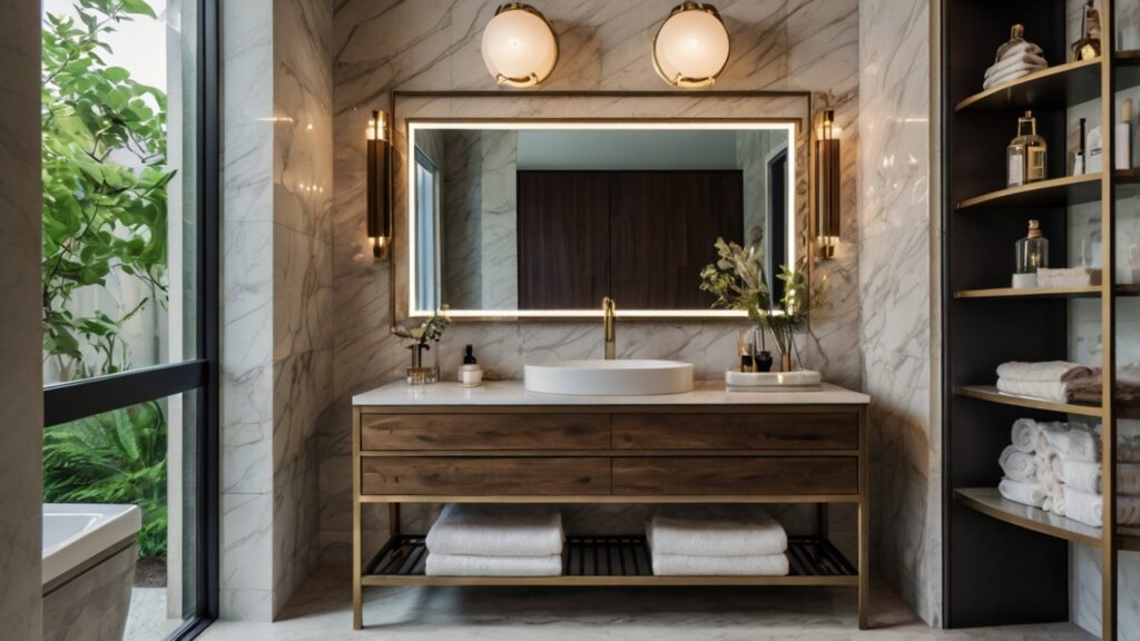 luxurious bathroom featuring a vanity and open shelves with metal accents and beautiful display