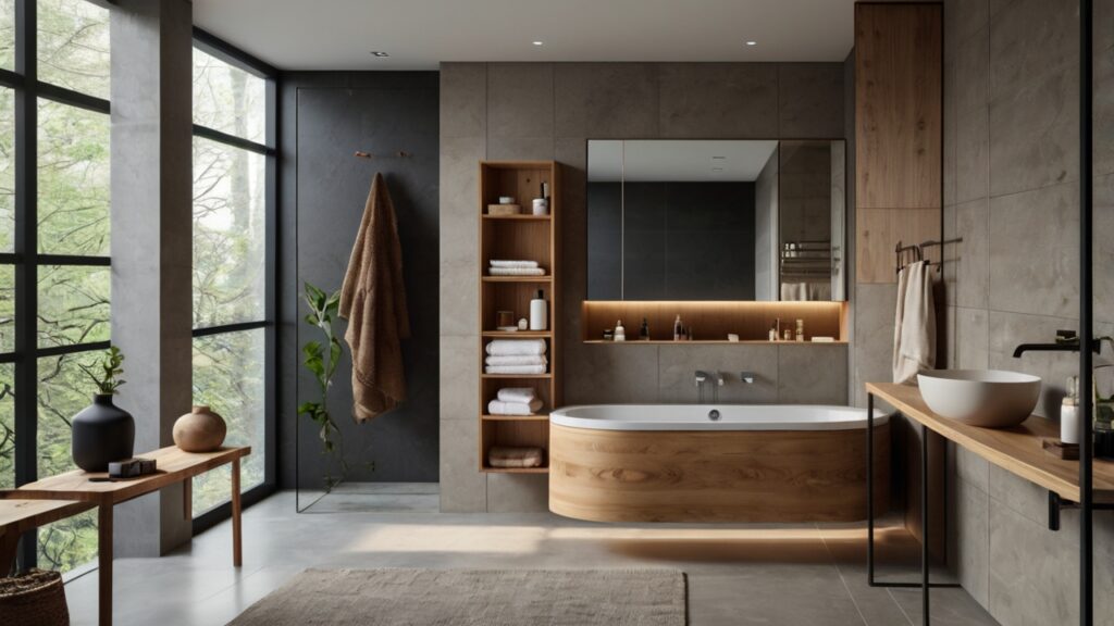 minimalist bathroom featuring smart storage solutions and natural elements