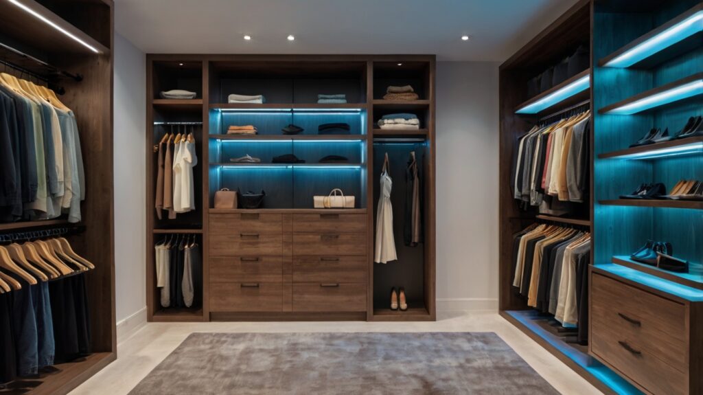 modern walk-in closet featuring color-changing LED lights