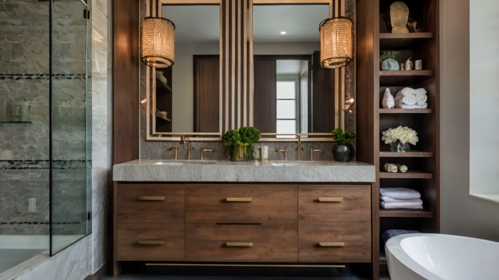 sleek bathroom featuring a vanity with luxurious materials and accents