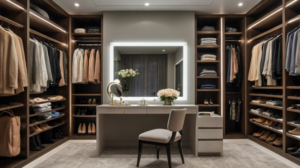 sleek walk-in closet featuring a backlit vanity mirror