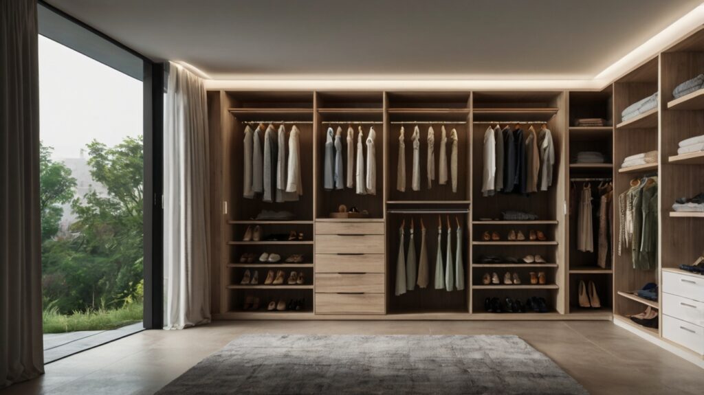 sleek walk-in closet featuring solar-powered closet lights