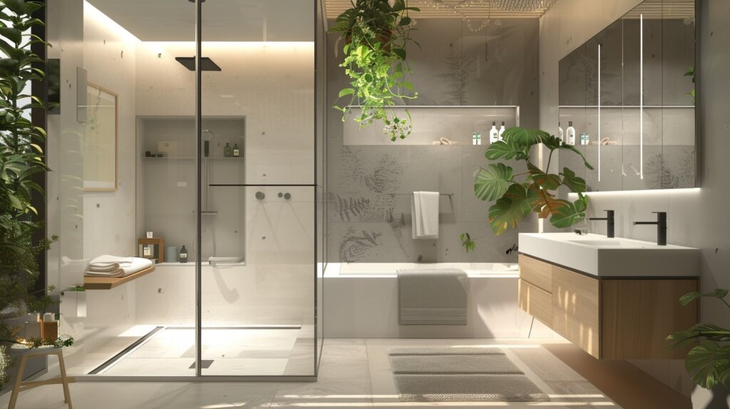 Elegant modern bathroom with waterfall shower heads, plants and natural accents