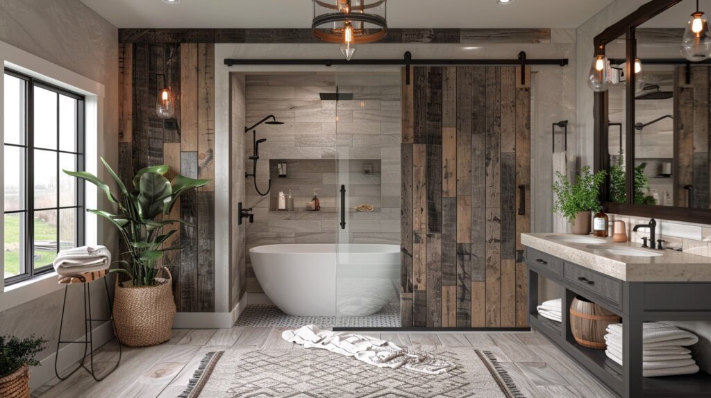 elegant bathroom design with wooden partition, floor and vanity