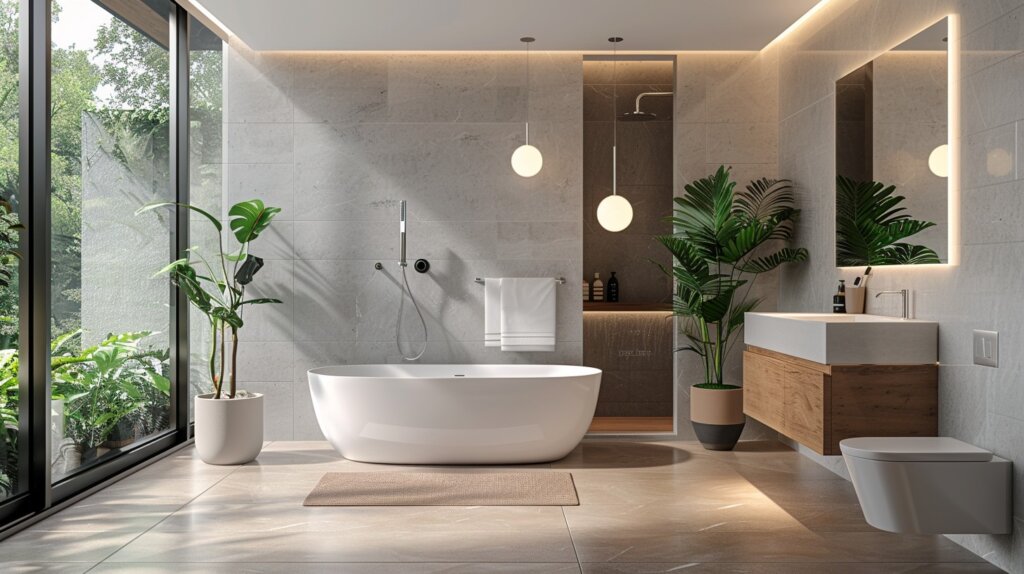 Elegant bathroom with large windows and green plants