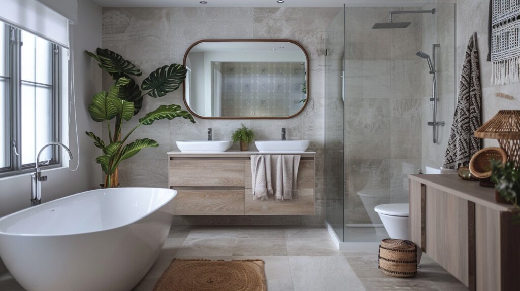 Elegant bathroom with free standing tub and green plants 