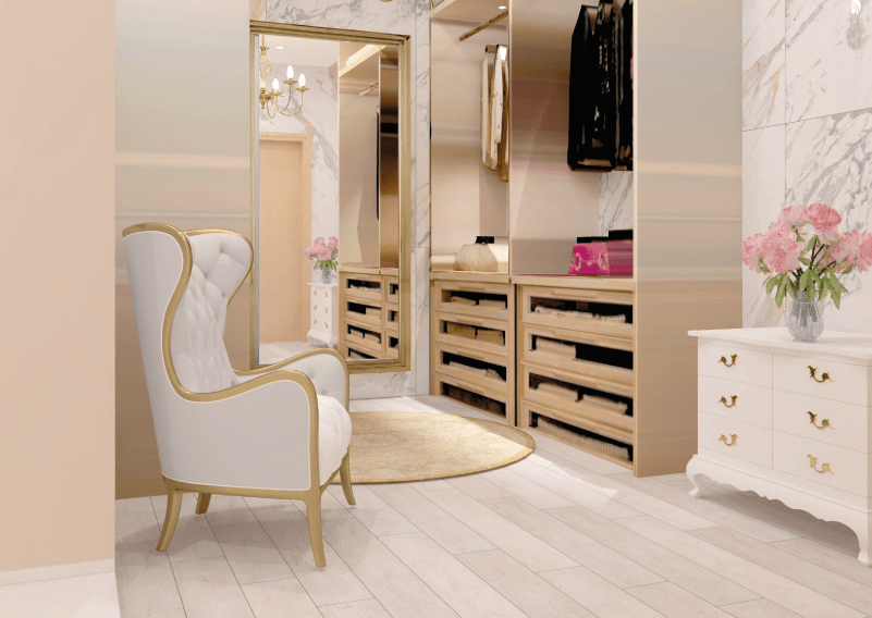 Luxurious closet with feminine aesthetic