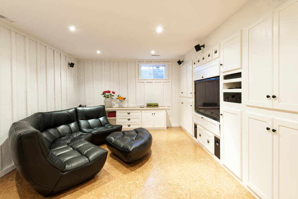 Renovated basement with cork flooring