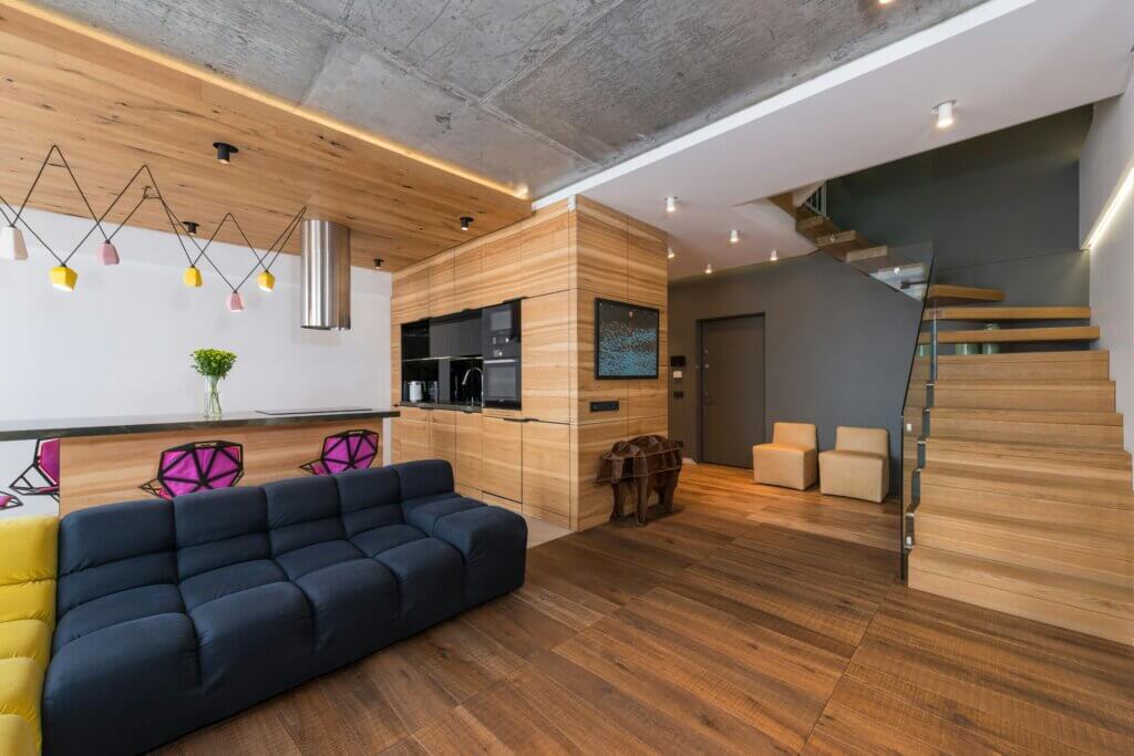 Modern basement with energy efficient light bulbs