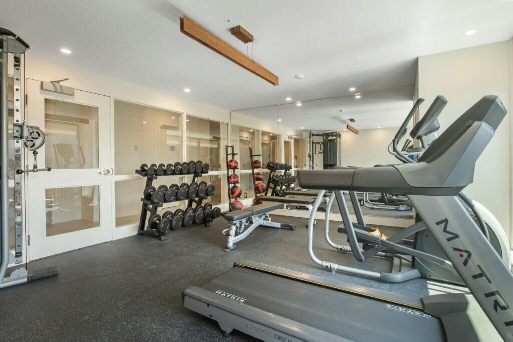 Home gym in the basement with rubber flooring