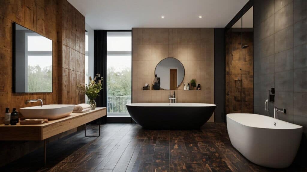 Scandinavian bathroom design with dark and rich cork flooring 