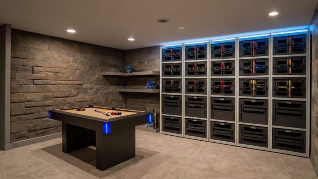 basement entertainment area with modular storage