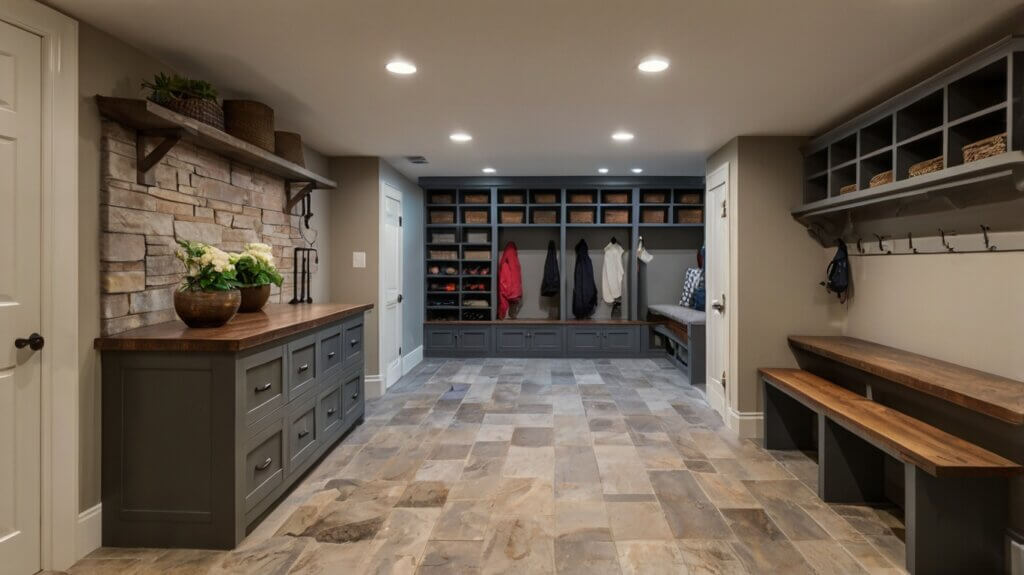 basement design with mudroom-style area