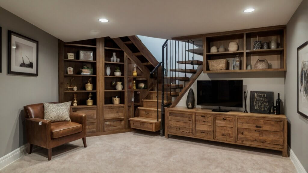 basement design with under-stair cabinets and shelves