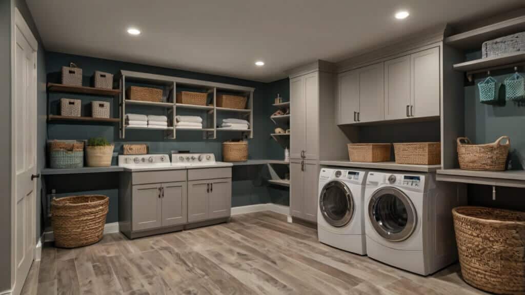 basement laundry room design with custom cabinets and shelves