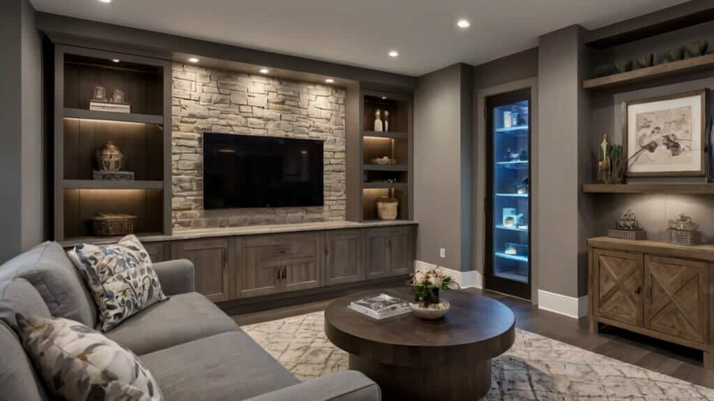 basement living room design with floor-to-ceiling cabinets
