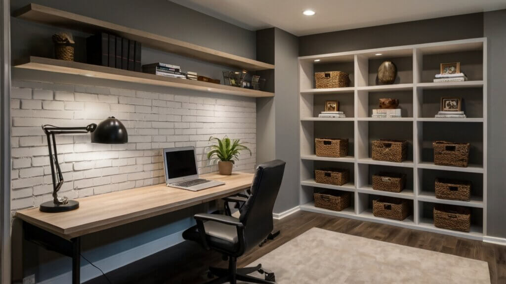 basement office design with custom floating shelves 