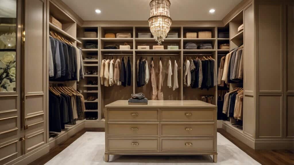 chic walk-in closet painted in warm beige and metallic accents