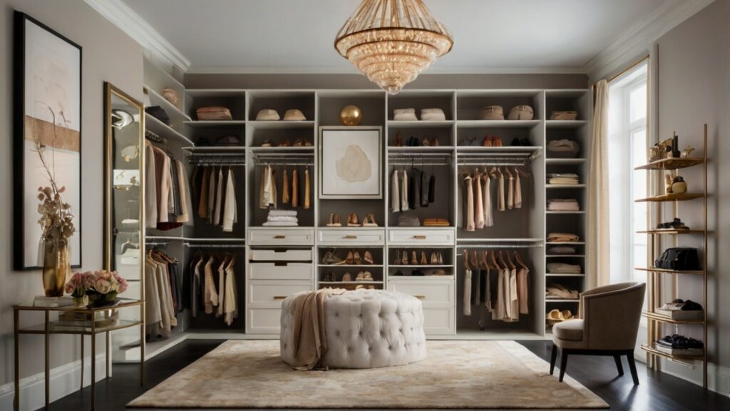 chic walk-in closet with customizable shelving