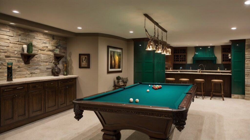 classic basement in emerald green and neutral tones