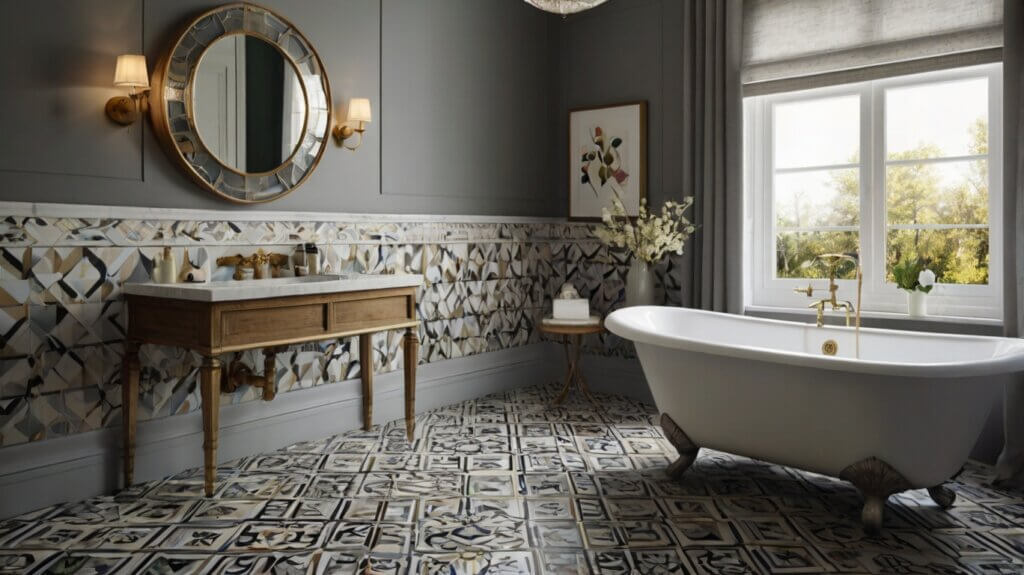 classic bathroom design with Peel-and-Stick Vinyl Tiles flooring in bold geometric patterns 