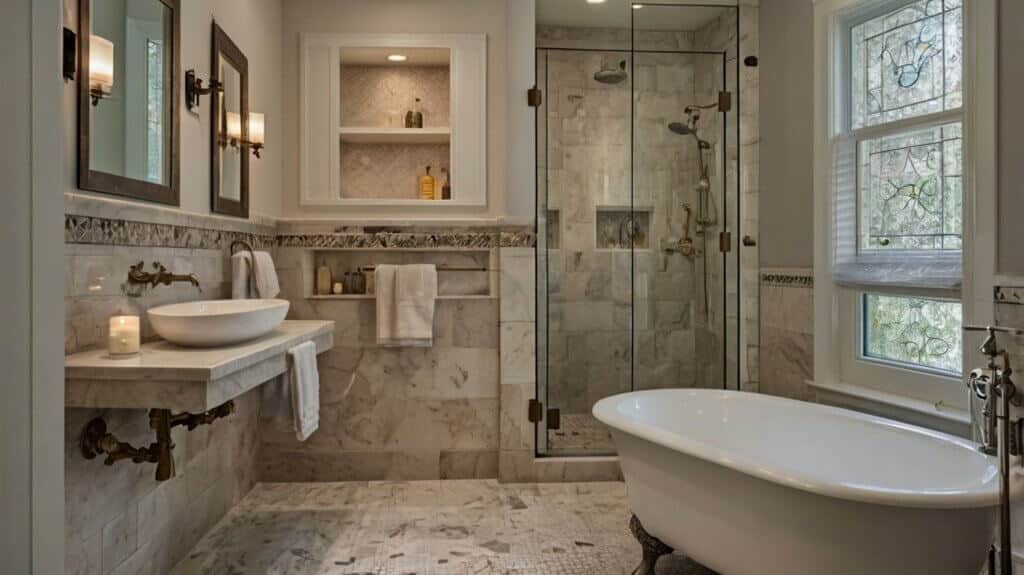classic small bathroom design with recessed niches in the shower and built-in shelving