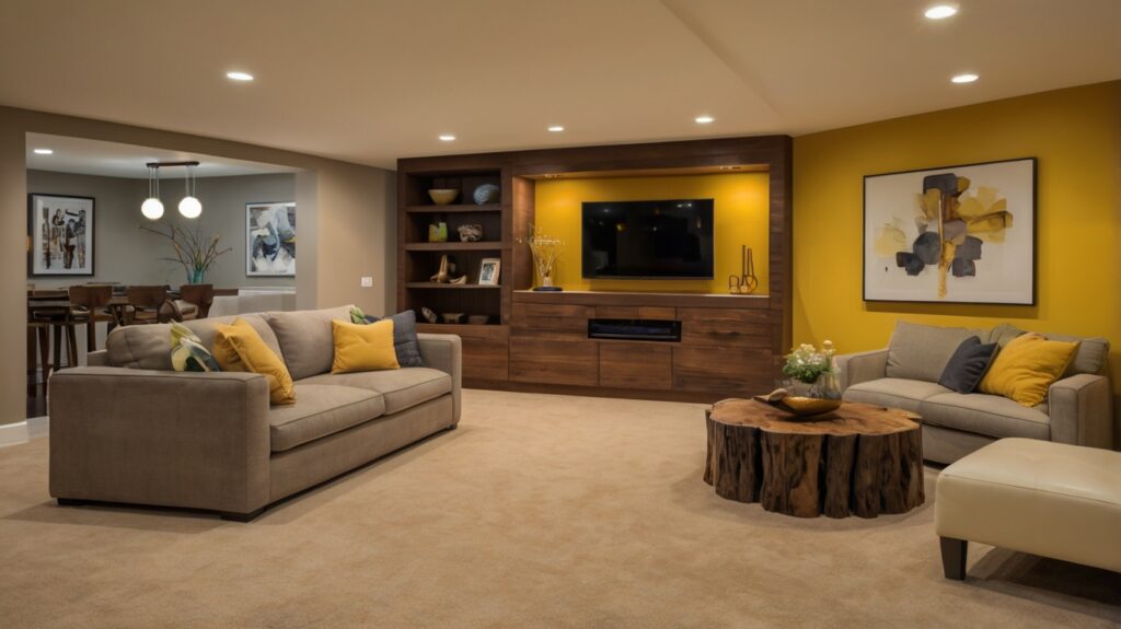 contemporary basement in sunny yellow and natural wood tones