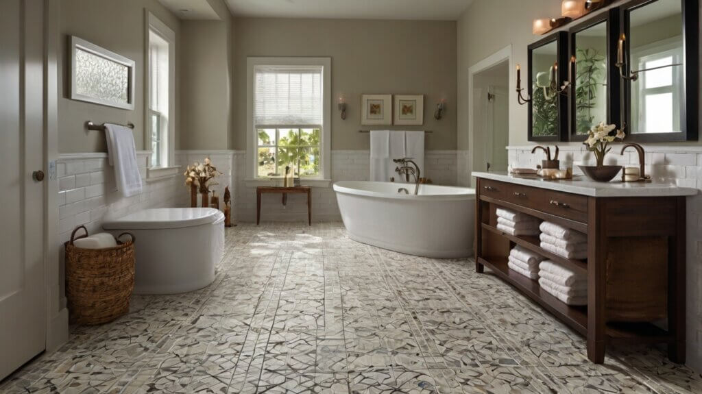 contemporary bathroom design with sheet vinyl flooring that resembles tile 