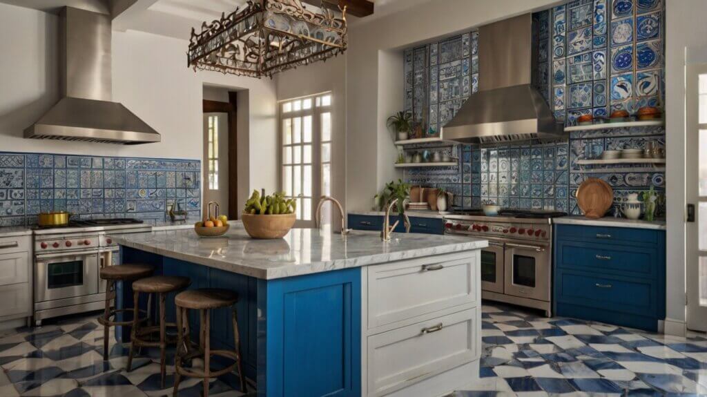 contemporary blue kitchen Mediterranean-inspired design with Greek-inspired tiles 