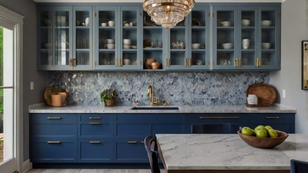 contemporary blue kitchen design with Blue and gray upper cabinets, gray backsplash, and quartz countertops