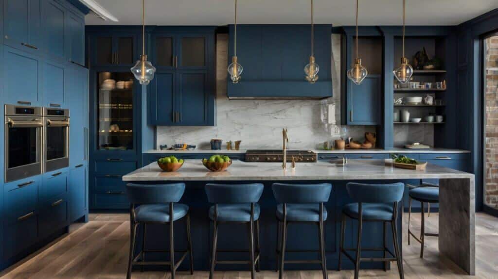 contemporary blue kitchen design with a matte blue finish and sleek hardware