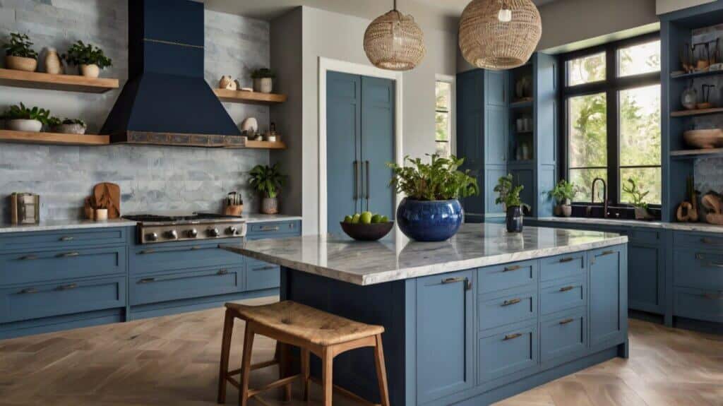 contemporary blue kitchen design with soft blue cabinets, stone countertops, natural wood accents, and plants