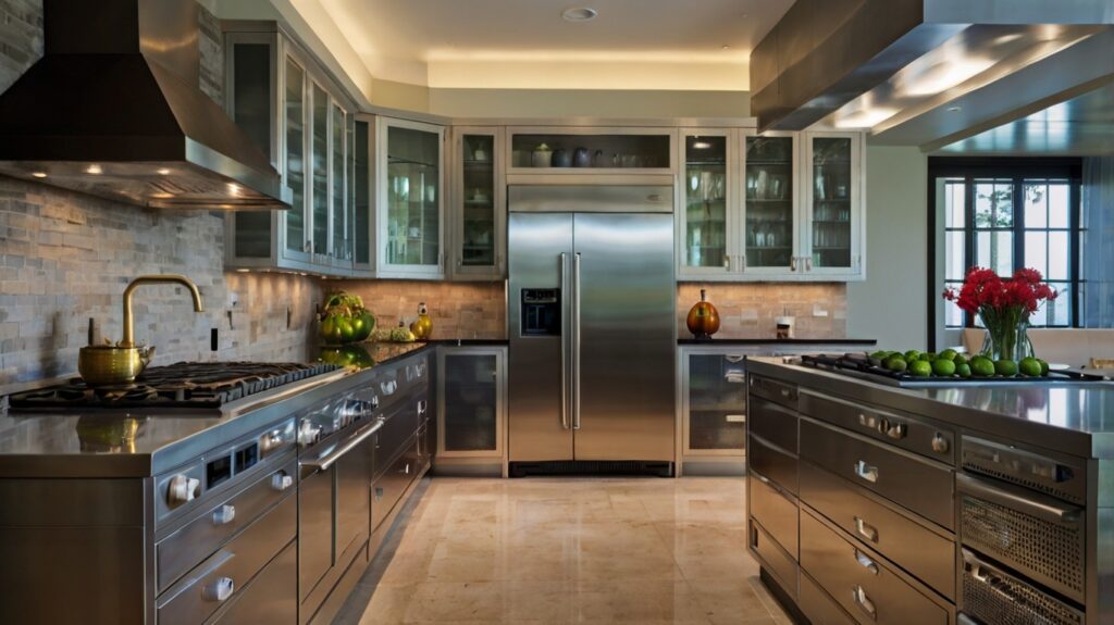 contemporary kitchen design featuring glass and stainless steel cabinets 