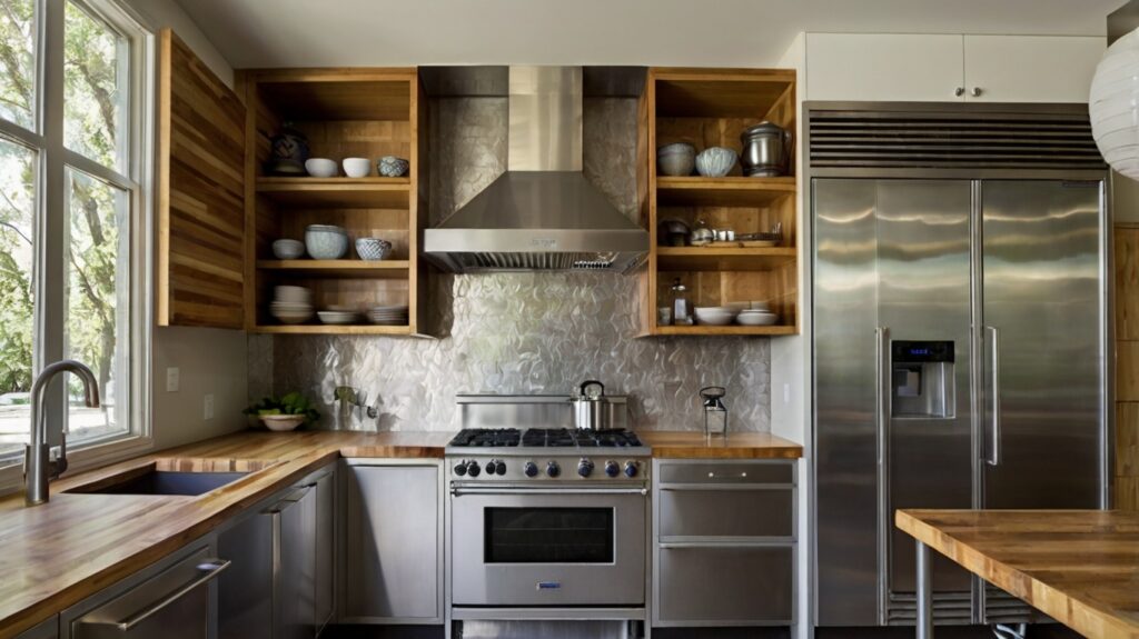 contemporary kitchen design featuring recycled stainless steel cabinets and bamboo shelves