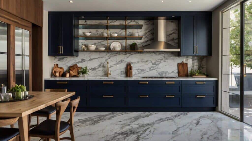 contemporary kitchen design with Navy Blue Cabinets and Marble Backsplash