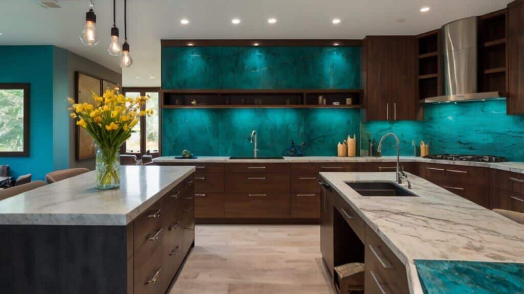 contemporary kitchen design with Turquoise walls and backsplash